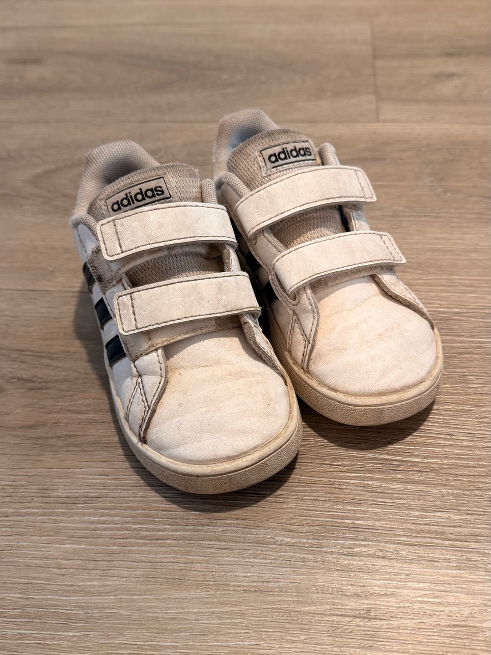 adidas Kids White Sneakers with Black Stripes - Velcro